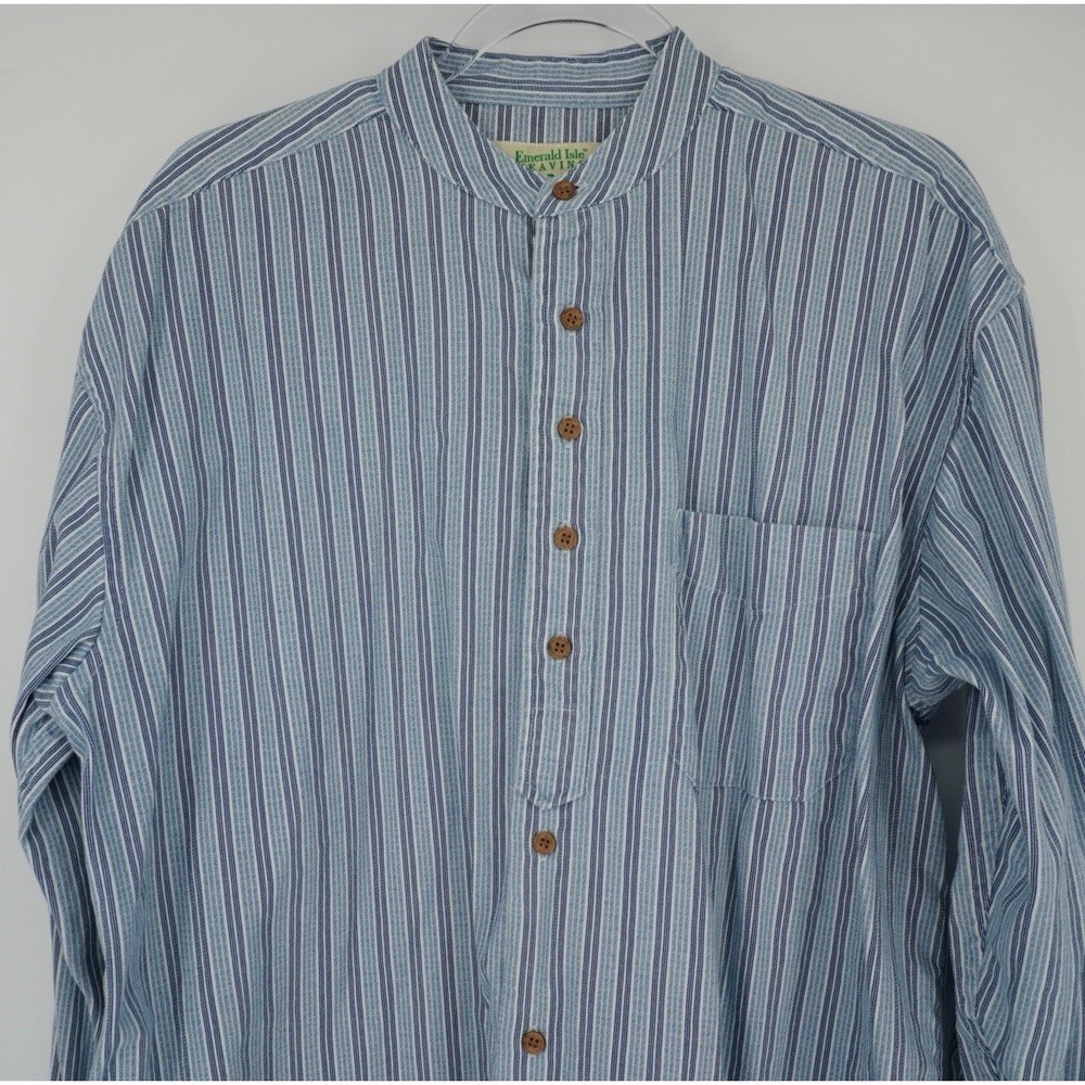 Emerald Isle Weaving Traditional Irish Grandfather Shirt Mens Large Striped Blue
